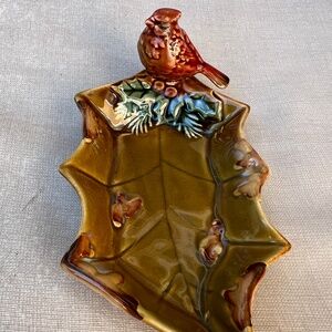 TII  7” Dish Ceramic Red Cardinal Bird Fall Autumn Maple Leaf Candy Trinket